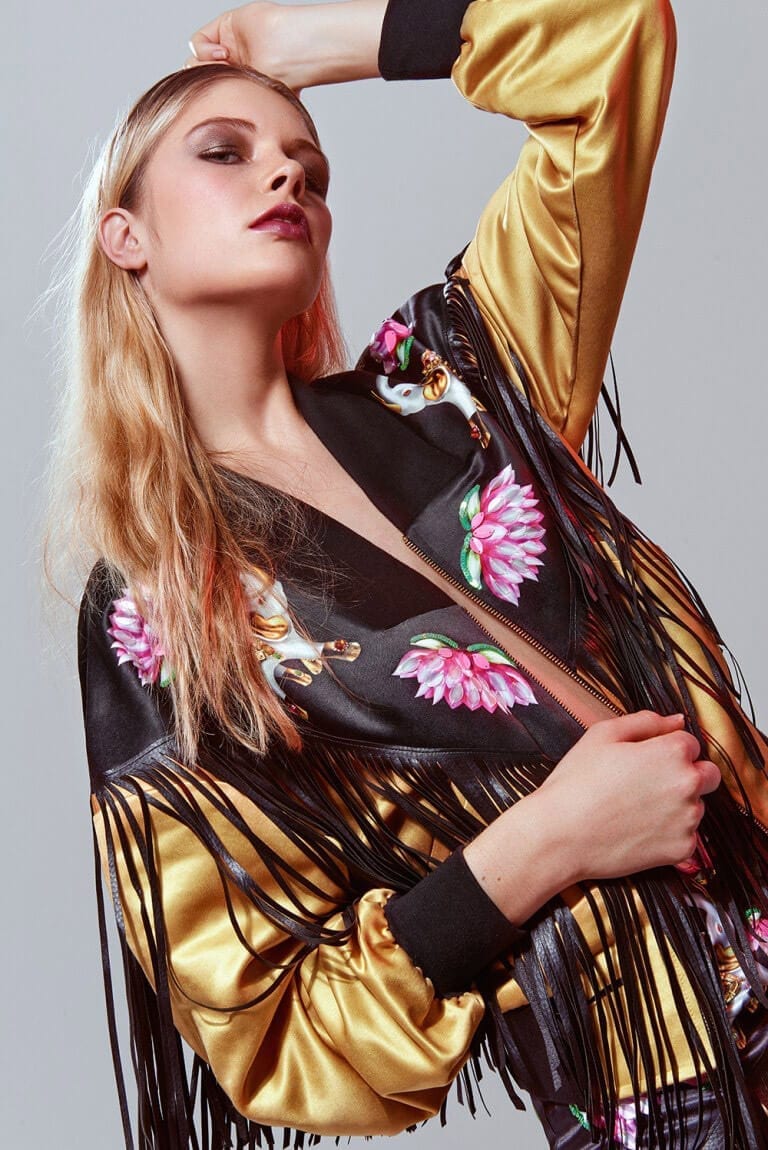 Fully embroidered bomber jacket with lotus flowers and Elephants embroidered