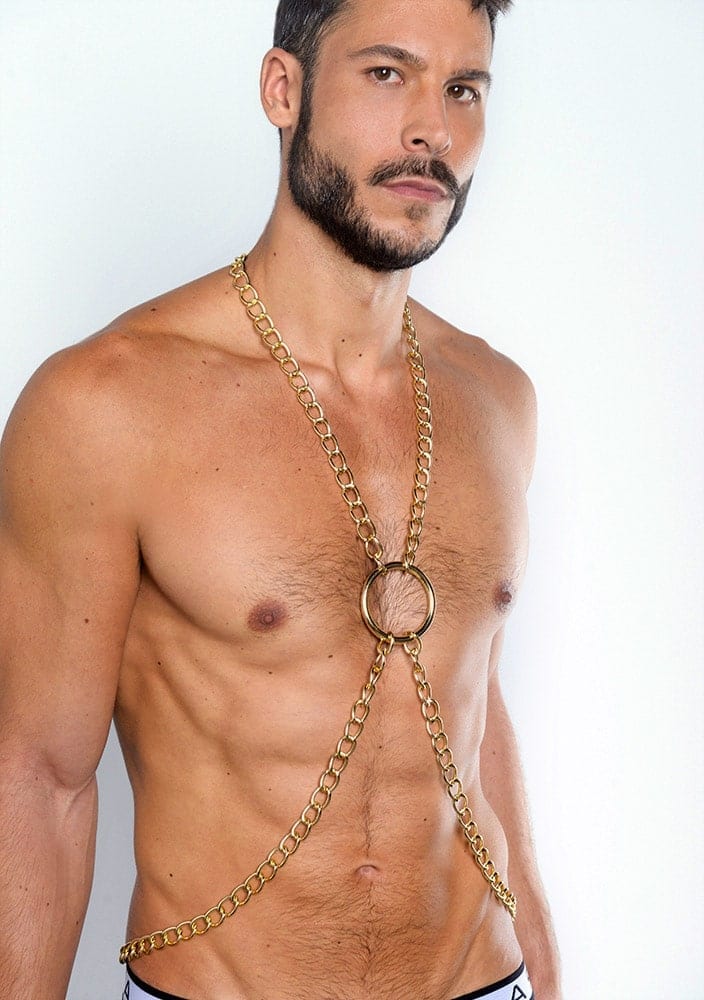 Gold chain harness for gay men by Ruben Galarreta.