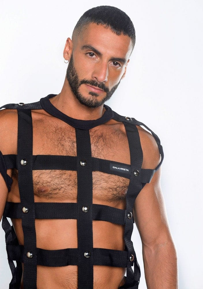 Black harness top for gay men by Ruben Galarreta.