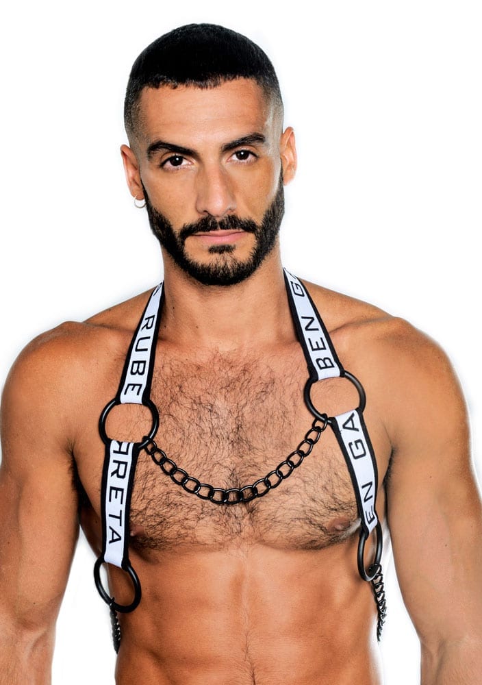 Black shoulder chain harness for gay men by Ruben Galarreta.