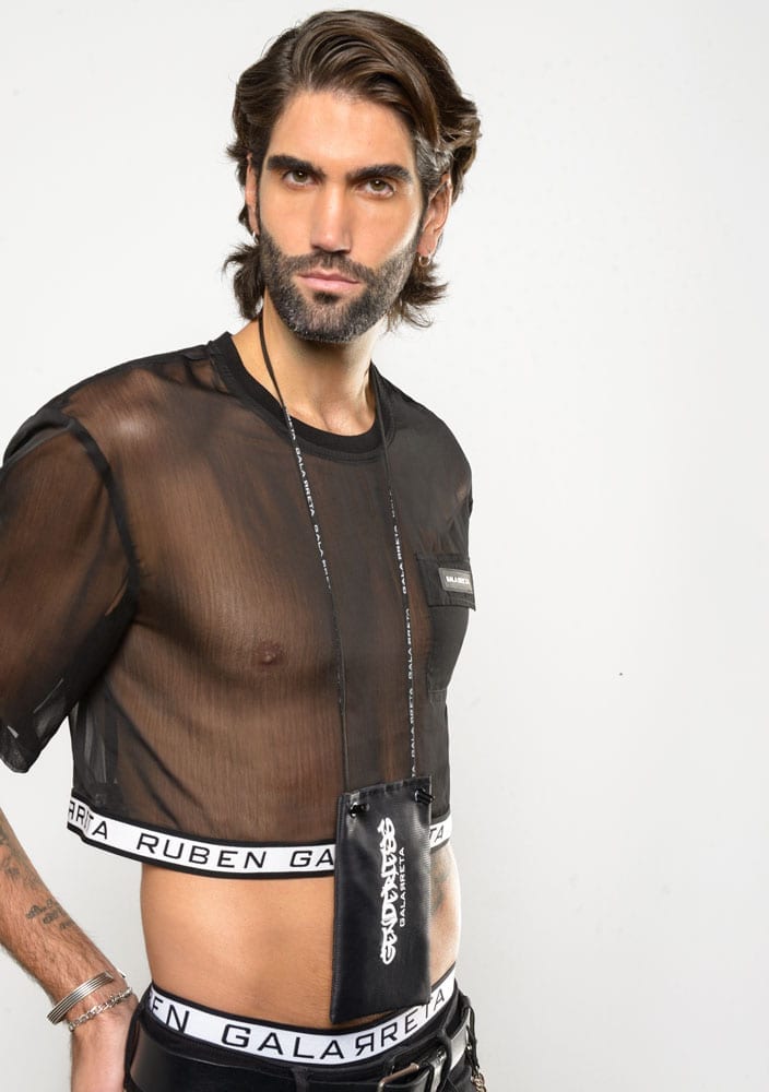 Black sheer croptop for gay men by Ruben Galarreta.