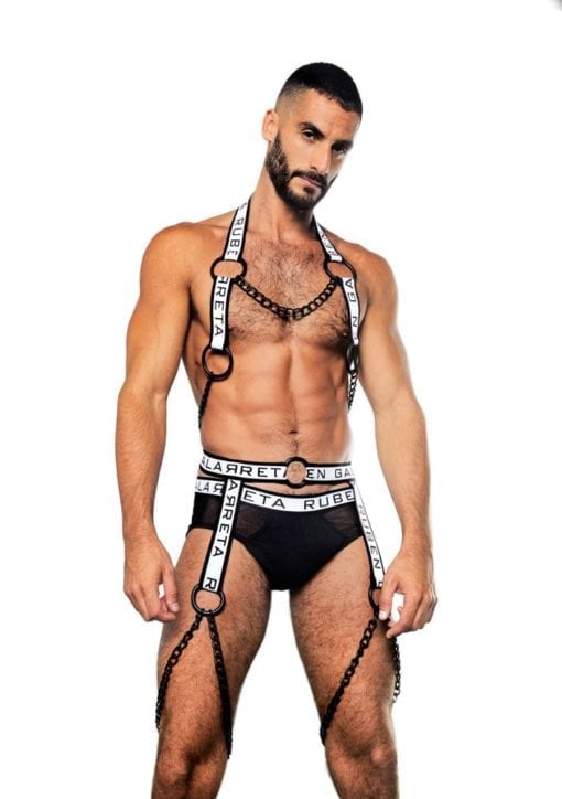 gay fashion in spain with a stament model wearing harnesses and underwear