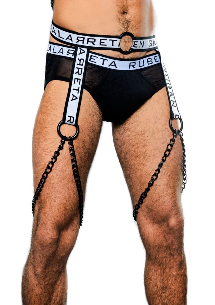 leg chain harness made of tape and black chains connected with rings