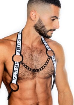 side view of a model wearing an harness
