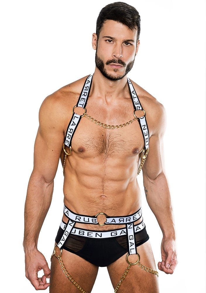 Golden shoulder chest harness for gay men by Ruben Galarreta