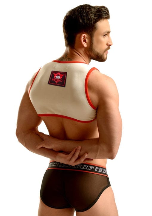 Raffaello top white and red for gay men by Rubén Galarreta.