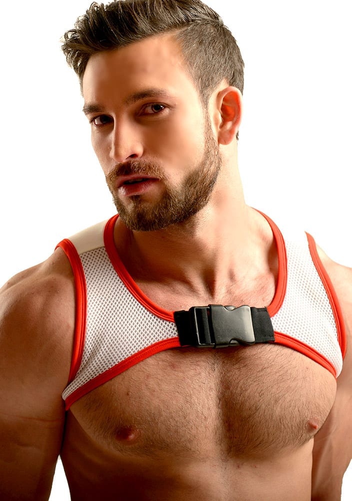 Raffaello top white and red for gay men by Rubén Galarreta