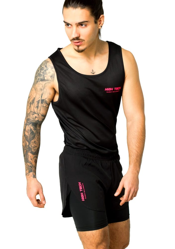 Black vest for man with pink logo details by Ruben Galarreta.