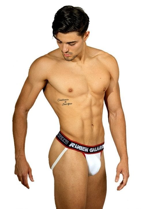 white jockstrap with red details and black belt